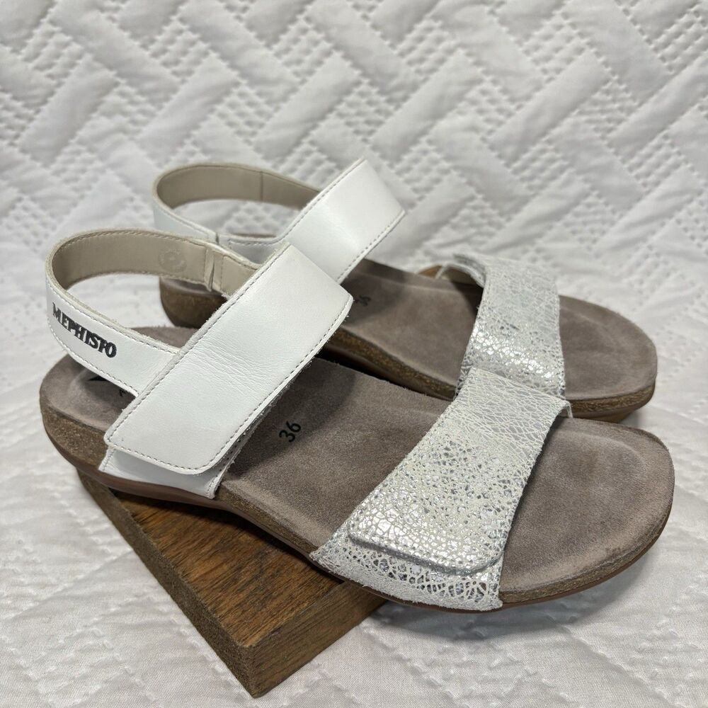 Mephisto Oriana Agave Flat Sandal White Silver Leather Sling Back EU 36 US 5.5